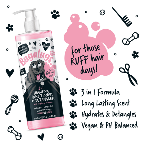 Bugalugs Shampoo Raspberry 3 in 1, Шампунь, кондиционер и средство для распутывания волос с ароматом малины и лимона.