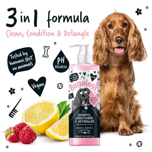 Bugalugs Shampoo Raspberry 3 in 1, Шампунь, кондиционер и средство для распутывания волос с ароматом малины и лимона.