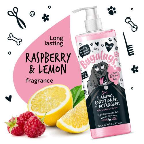 Bugalugs Shampoo Raspberry 3 in 1, Шампунь, кондиционер и средство для распутывания волос с ароматом малины и лимона.