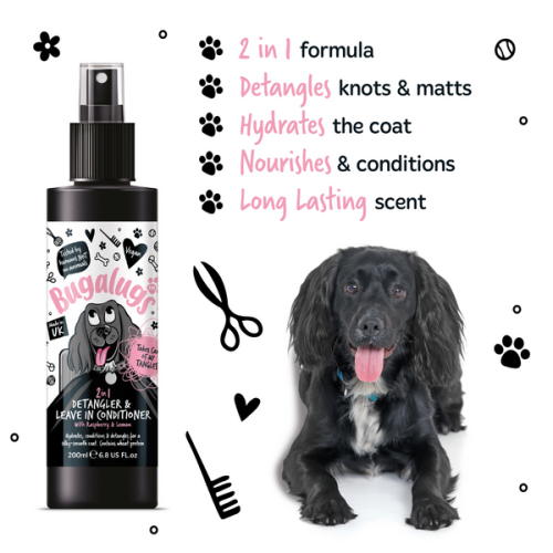 Bugalugs Detangling & leave in conditioner with raspberry & lemon  200ml, кондиционер с малиной и лимоном для собак.