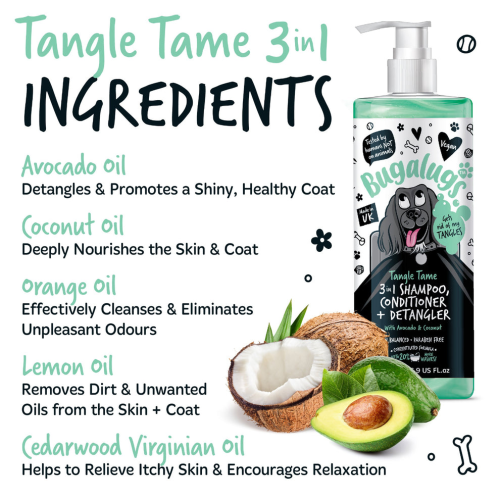 Bugalugs Shampoo 500ml Tangle Tame 3-in-1 Conditioner & Detangler , успокаивает чувствительную кожу, удаляет грязь, жир и неприятные запахи.