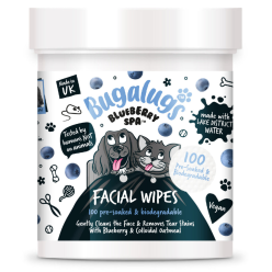 Bugalugs Blueberry Spa Facial Wipes 100ps, Очищает лицо, удаляет слезные пятна — с экстрактами черники и коллоидной овсянки.
