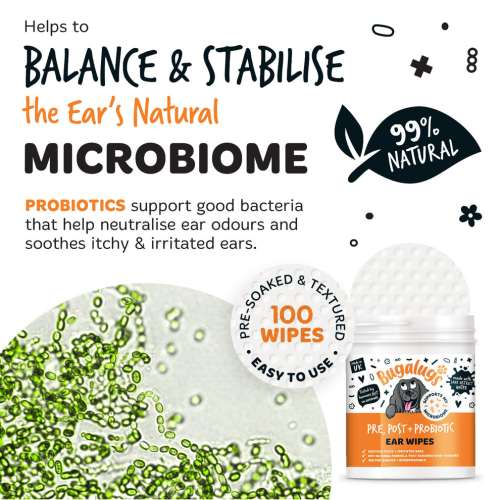 Bugalugs Ear Wipes 100ps Post & Probiotic, салфетки для ушей , нейтрализуют запахи и успокаивают раздражение.