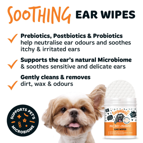 Bugalugs Ear Wipes 100ps Post & Probiotic, салфетки для ушей , нейтрализуют запахи и успокаивают раздражение.