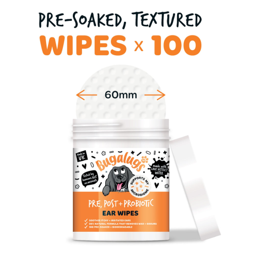 Bugalugs Ear Wipes 100ps Post & Probiotic, салфетки для ушей , нейтрализуют запахи и успокаивают раздражение.