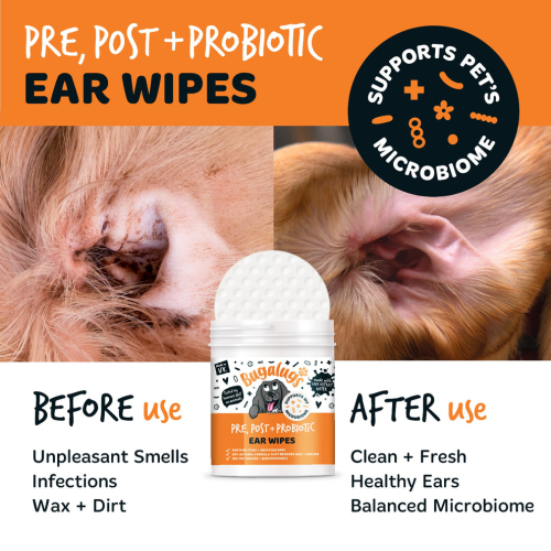 Bugalugs Ear Wipes 100ps Post & Probiotic, салфетки для ушей , нейтрализуют запахи и успокаивают раздражение.