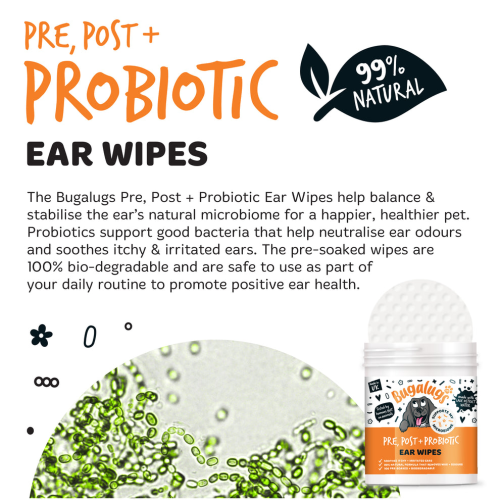 Bugalugs Ear Wipes 100ps Post & Probiotic, салфетки для ушей , нейтрализуют запахи и успокаивают раздражение.