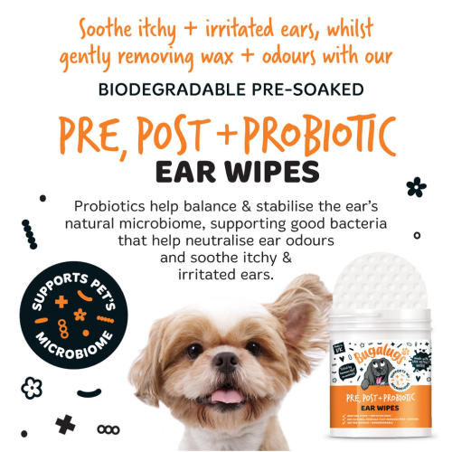 Bugalugs Ear Wipes 100ps Post & Probiotic, салфетки для ушей , нейтрализуют запахи и успокаивают раздражение.