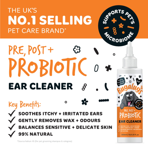Bugalugs Ear Cleaner Post & Probiotic 200ml, Балансирует микробиом ушей, нейтрализует запахи и успокаивает раздражение.