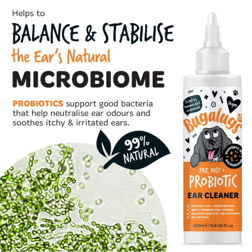 Bugalugs Ear Cleaner Post & Probiotic 200ml, Балансирует микробиом ушей, нейтрализует запахи и успокаивает раздражение.